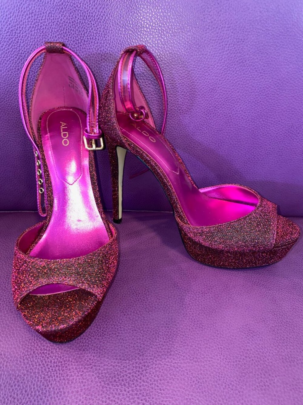 Lovoasien by ALDO Fuschia/purple sparkle ankle strap platform heel